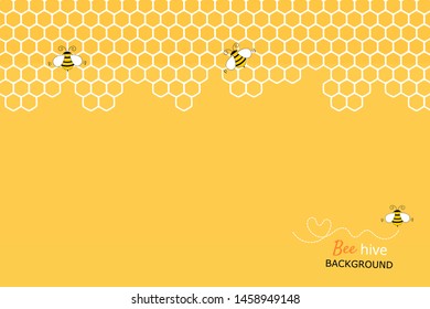 Bee hive, abstract honeycomb with cute bees on yellow background vector illustration.