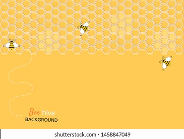 Bee hive, abstract honeycombs with cute bees on yellow background vector illustration.