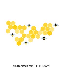 Bee hive, abstract honeycombs with flying bees isolated on white background vector illustration. cute cartoon character.