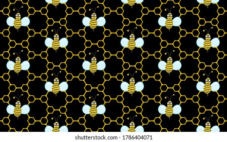 bee hive background, bees flying seamless pattern, kawaii wallpaper, vector illustration