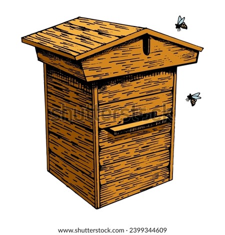 Bee hive and bees engraving sketch style hand drawn color vector illustration. Scratch board style imitation. Hand drawn image.