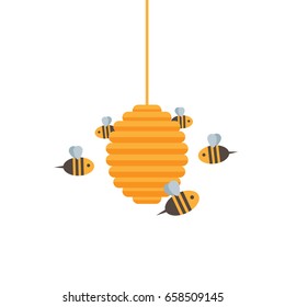 Bee hive with bees. Flat design.