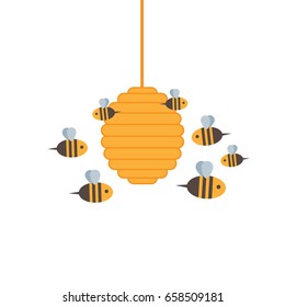 Bee hive with bees. Flat design.