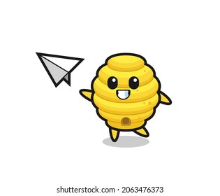 bee hive cartoon character throwing paper airplane , cute design
