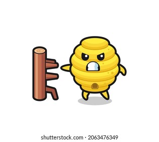 bee hive cartoon illustration as a karate fighter , cute design