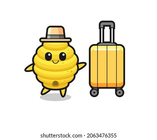 bee hive cartoon illustration with luggage on vacation , cute design