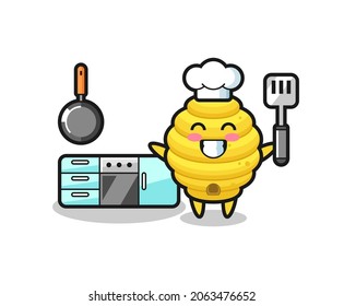 bee hive character illustration as a chef is cooking , cute design