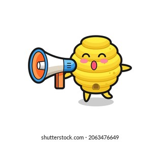 bee hive character illustration holding a megaphone , cute design