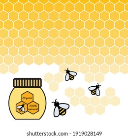 Bienenstockdesign, abstrakte Honigwabenbäume mit süßen Bienen und ein Glas Honig auf weißem Hintergrund. Vektorgrafik.