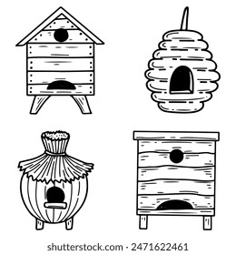 Garabato de colmena de abejas. Colmenar de miel. Casa para insectos. Ilustración de boceto de Vector dibujado a mano. Conjunto de Elementos.