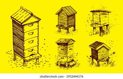 Bee hive, drawing. A collection of farm products. Black and white vector drawing. Retro drawing, vintage graphics.