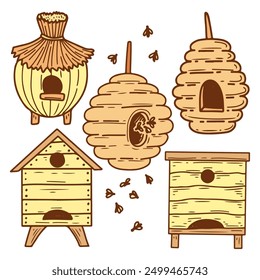 Bee hive flat doodle. Honey apiary. House for insects. Hand drawn vector sketch illustration. Set of elements.