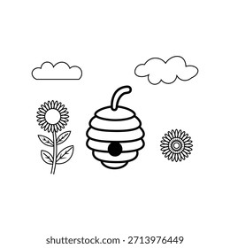 Colmena de abejas con flores y nubes delinean Ilustración vectorial