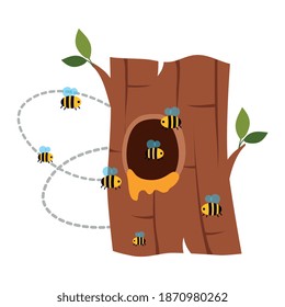Bee Hive Flying Around Tree Hollow with Honey Vector Illustration