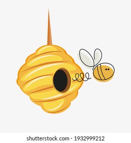 Bee Hive With Flying Bee Vector Drawing