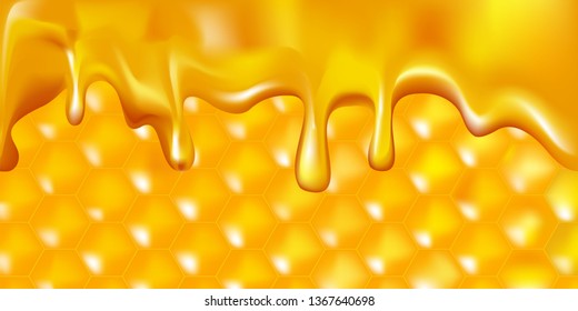 Bee hive golden background with sweet , yellow dripping honey, golden honeycomb hexagon pattern. Vector illustration.