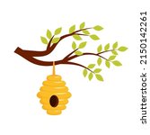Bee hive hanging on a tree branch with leaves in cartoon style. Vector illustration.