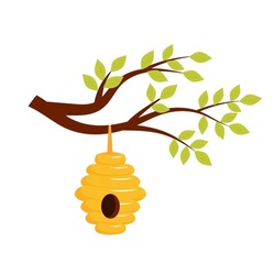 Bee Hive Hanging On A Tree Branch With Leaves In Cartoon Style. Vector Illustration.
