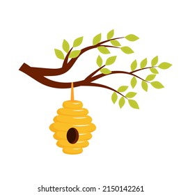 Bee hive hanging on a tree branch with leaves in cartoon style. Vector illustration.