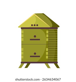 Bee hive. Honey beehive or bees nest vector flat cartoon illustration isolated on white background. Honey and beekeeping concept. Wooden beehive. Honey making equipment. Apiary work with hives