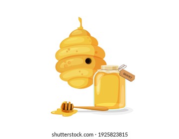 Colmena de abejas con tarro de miel e ilustración de bastón. Néctar dulce dorado en cristalería rellena y cuchara fluyendo hacia el líquido vectorial amarillo.