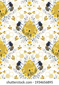 Bee Hive Honeycomb Daisy vector seamless pattern. Symmetrical honeybee floral folk art illustration. Apiculture decorative folksy ornament. Vector illustration