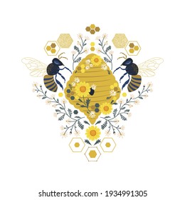 Bee Hive Honeycomb Daisy vector illustration. Symmetrical honeybee floral folk art emblem. Apiculture decorative folksy ornament. 