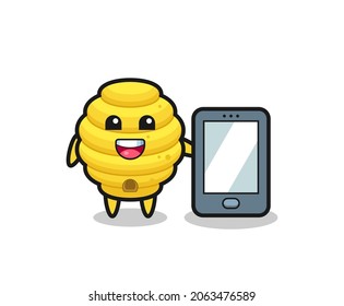 bee hive illustration cartoon holding a smartphone , cute design