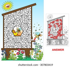 Bee hive - labyrinth for kids (hard). Honeybee is back from a meadow with honey. Help her to find a correct way to go the chamber, where honey is created.