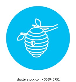 Bee hive line icon for web, mobile and infographics. Vector white icon on the light blue circle isolated on white background.