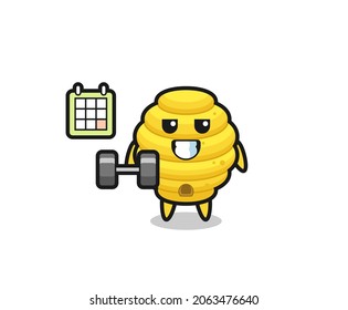 bee hive mascot cartoon doing fitness with dumbbell , cute design