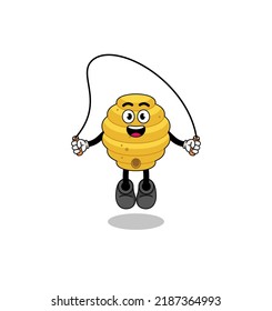 bee hive mascot cartoon is playing skipping rope , character design