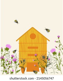 Colmena de abejas en la ilustración del material vectorial del prado. Flores silvestres y abejas. Postal. Logo de la cubierta de miel. Primavera, hierbas medicinales en el jardín.