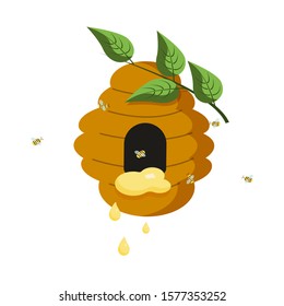 Bee hive on a branch with dripping honey and flying wild bees. Isolated on white background. Vector graphics in stock.