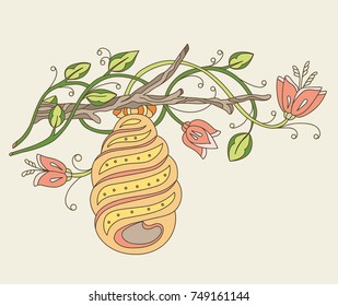 Bee hive on the branch with flowers Vector illustration