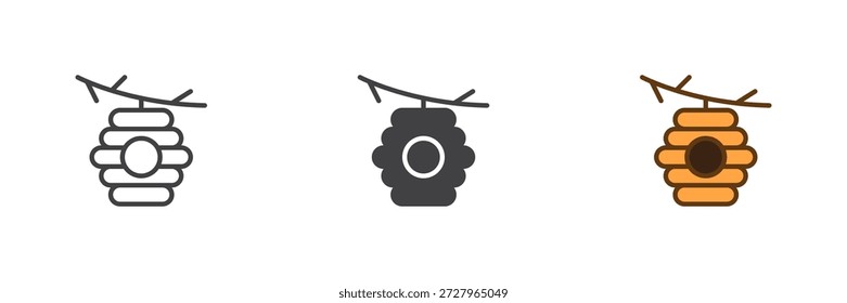Bee hive on branch icon set in line, solid and filled outline colorful style. Honey hive icon, color vector sign and symbol.