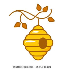 Bee hive on a branch line icon vector isolated. Symbol of hive hanging on the tree branch with leaves.