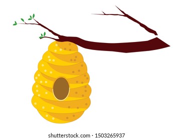 Bee Hive on Tree Branch - Cartoon Vector Image