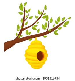 Bee hive on tree branch in cartoon style isolated on white background. Wild, hanging construction. Bee colony home. 