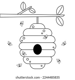 Colmena de abejas en la rama del árbol. Ilustración vectorial en blanco y negro.