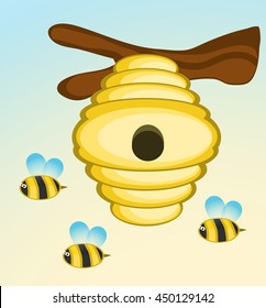 Bee and Hive on tree branch. Vector Illustration