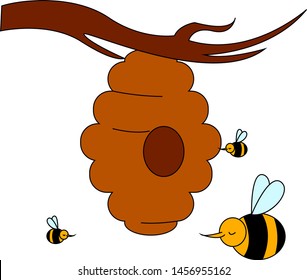 Bee hive on a tree, illustration, vector on white background.