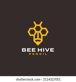 Bee Hive Pencil Art Bumble Bee Line Outline Simple Logo Design Premium