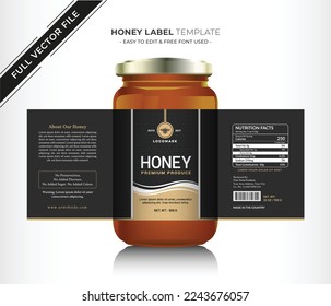 Bee hive pure Honey design glass jar bottle label, creative and modern health product branding black label new packaging,
honey vector editable graphic design template, food label packaging design.