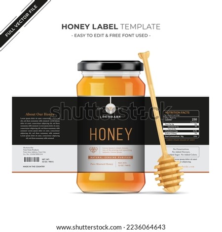Bee hive pure Honey design glass jar bottle, creative and modern health product branding black label new packaging, vector editable graphic design template, food label packaging 3d print design.
