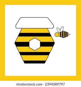 Bee and hive sign icon - flat vector geometric illustration with yellow frame. Icon on the theme of honey and beekeeping