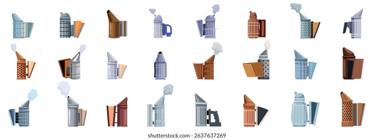 Bee hive smoker icons set. Collection of diverse beekeeping smokers with smoke effects