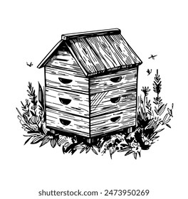 Bee hive, vector sketch illustration, hand drawn, black outline
