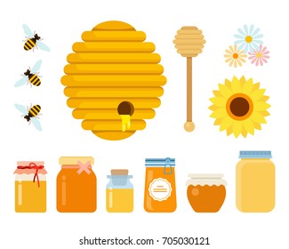 Bee hive, wooden honey spoon, three bees, wildflowers and glass jars with honey of different sizes vector flat material design isolated on white