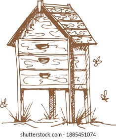 A bee hive a wooden house. graphic illustration hand-drawn vector.
Honey, bees, apiary. Print, textiles. Separate element on a white background, engraving.